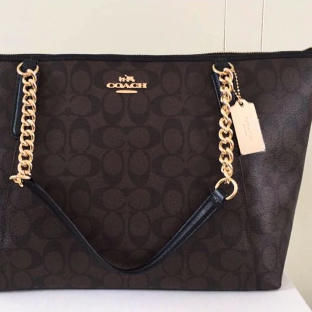 NEW Coach Signature Gold Chain Shoulder Bag Tote - Picture 7 of 8